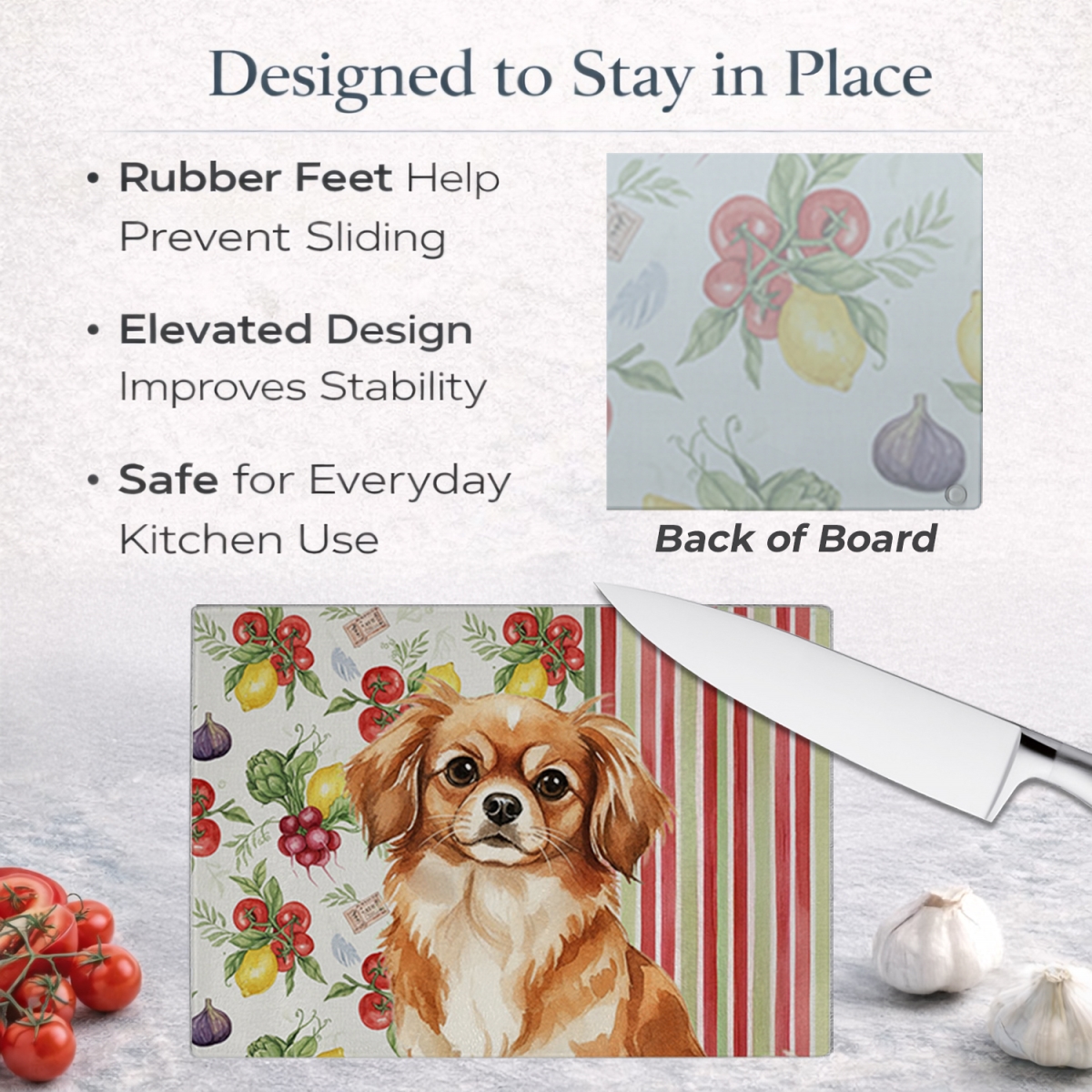 Picture of Carolines Treasures WDK8442LCB 11.25 x 15.25 in. Red Tibetan Spaniel Vegetables Glass Cutting Board