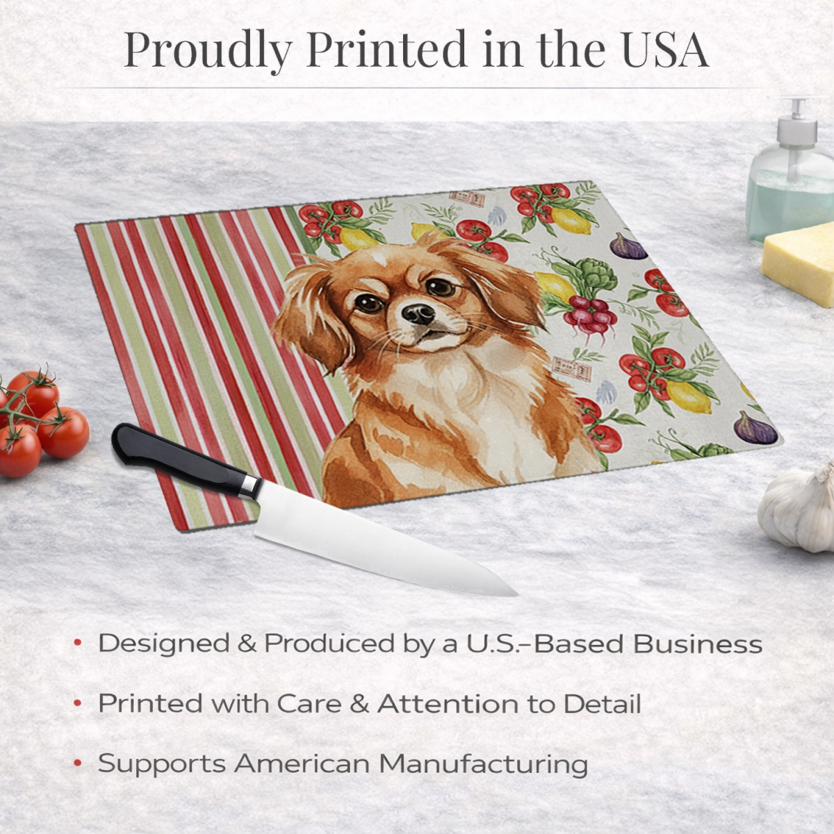 Picture of Carolines Treasures WDK8442LCB 11.25 x 15.25 in. Red Tibetan Spaniel Vegetables Glass Cutting Board