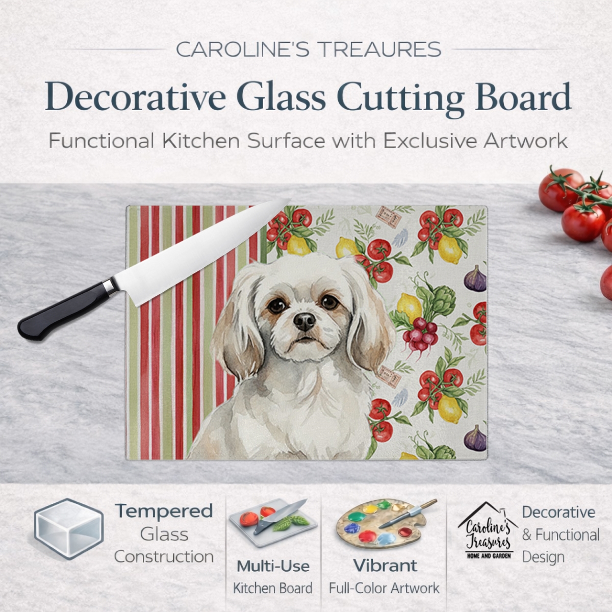 Picture of Carolines Treasures WDK8443LCB 11.25 x 15.25 in. White Tibetan Spaniel Vegetables Glass Cutting Board