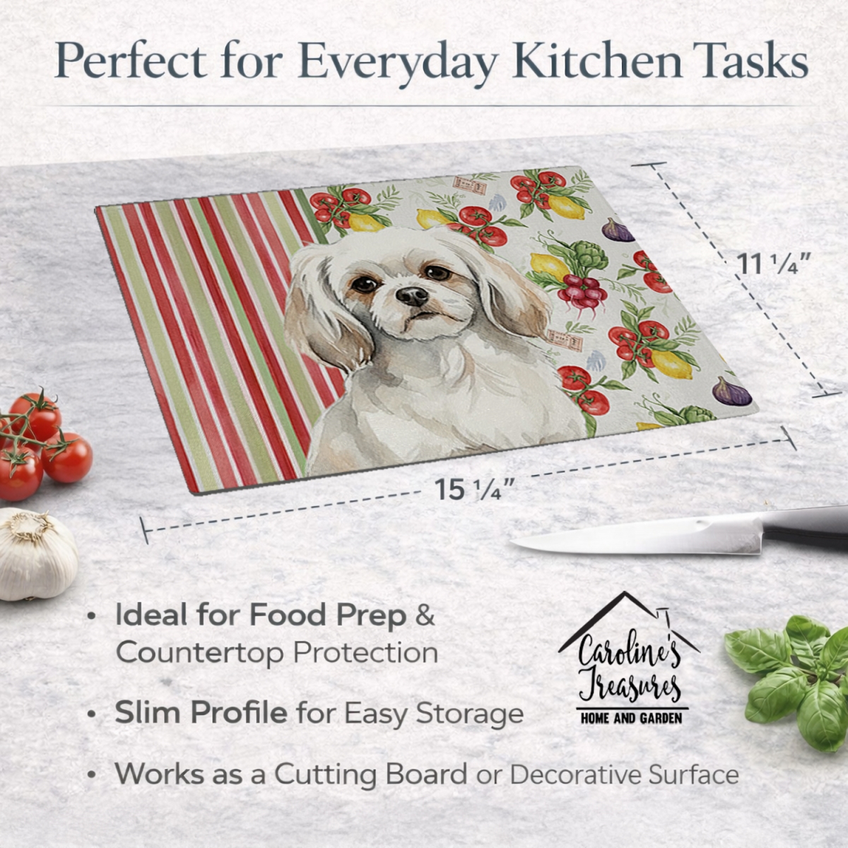 Picture of Carolines Treasures WDK8443LCB 11.25 x 15.25 in. White Tibetan Spaniel Vegetables Glass Cutting Board