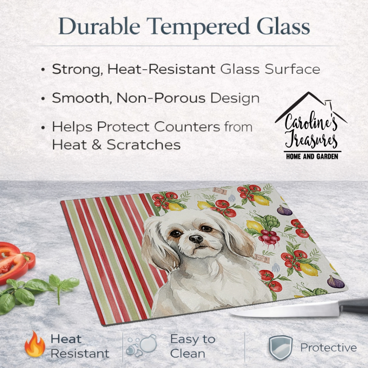 Picture of Carolines Treasures WDK8443LCB 11.25 x 15.25 in. White Tibetan Spaniel Vegetables Glass Cutting Board