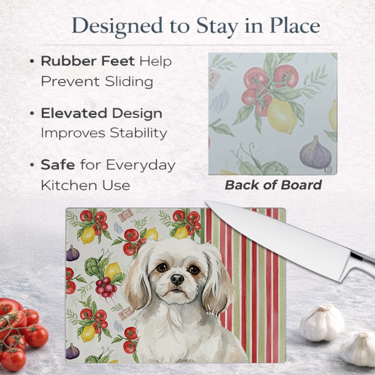 Picture of Carolines Treasures WDK8443LCB 11.25 x 15.25 in. White Tibetan Spaniel Vegetables Glass Cutting Board