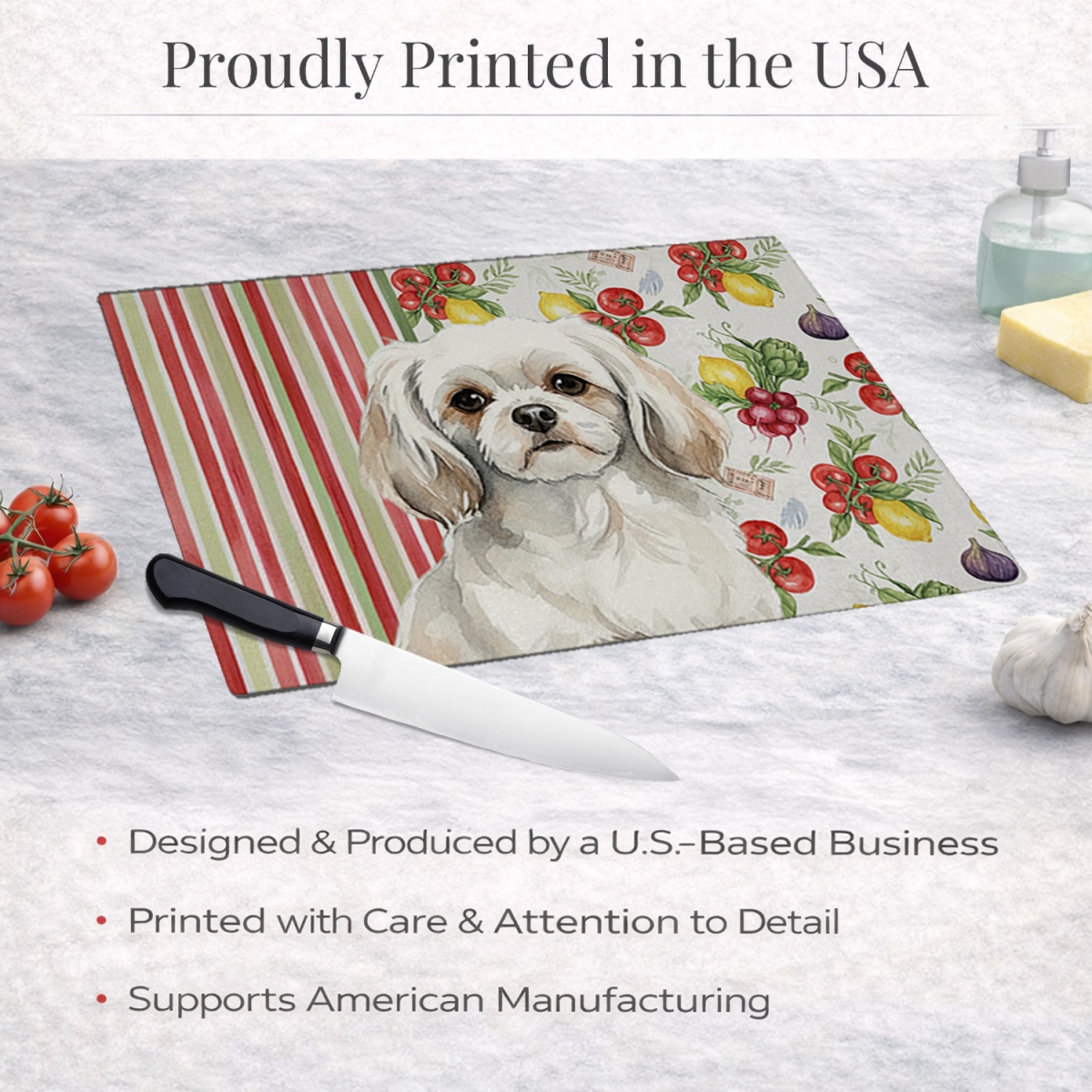 Picture of Carolines Treasures WDK8443LCB 11.25 x 15.25 in. White Tibetan Spaniel Vegetables Glass Cutting Board
