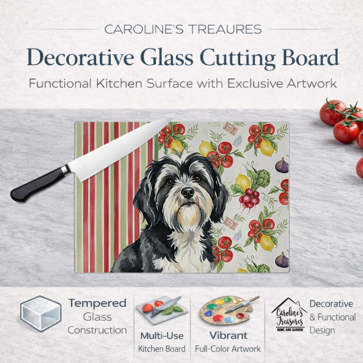 Picture of Carolines Treasures WDK8444LCB 11.25 x 15.25 in. Black & White Tibetan Terrier Vegetables Glass Cutting Board