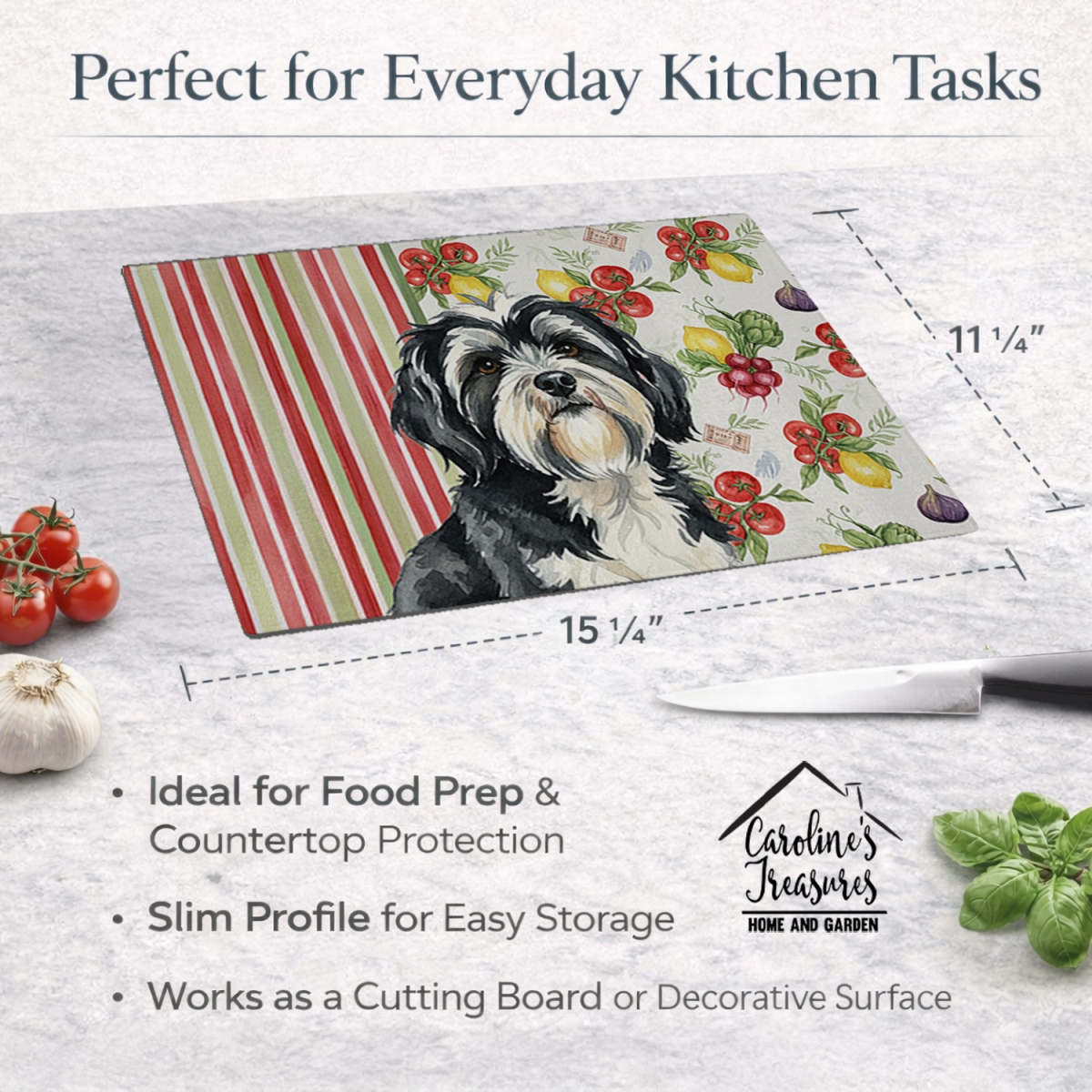 Picture of Carolines Treasures WDK8444LCB 11.25 x 15.25 in. Black & White Tibetan Terrier Vegetables Glass Cutting Board