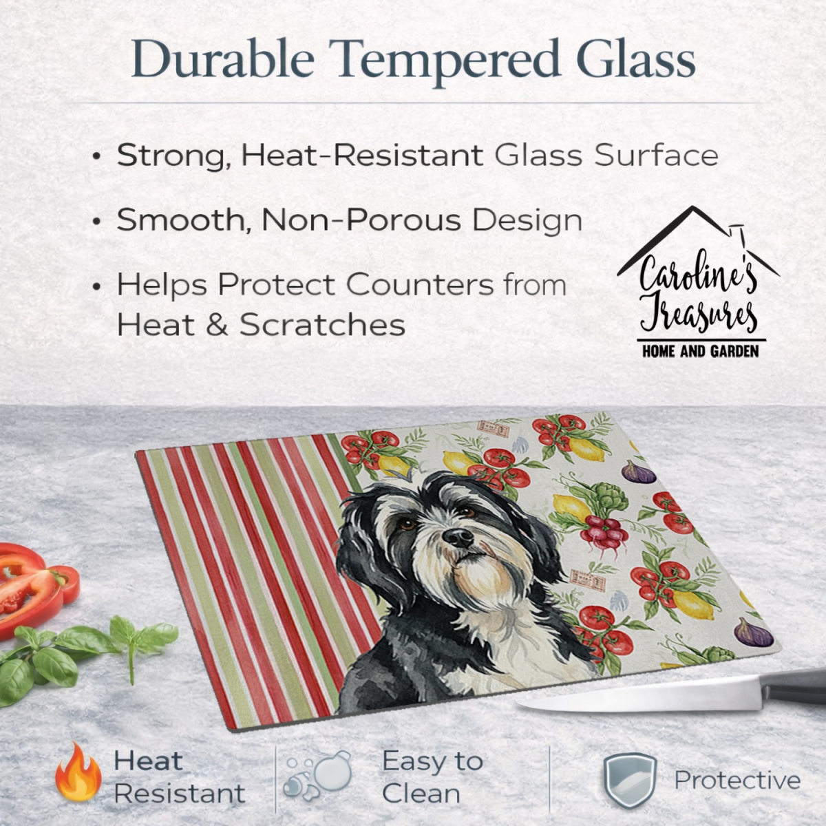 Picture of Carolines Treasures WDK8444LCB 11.25 x 15.25 in. Black & White Tibetan Terrier Vegetables Glass Cutting Board