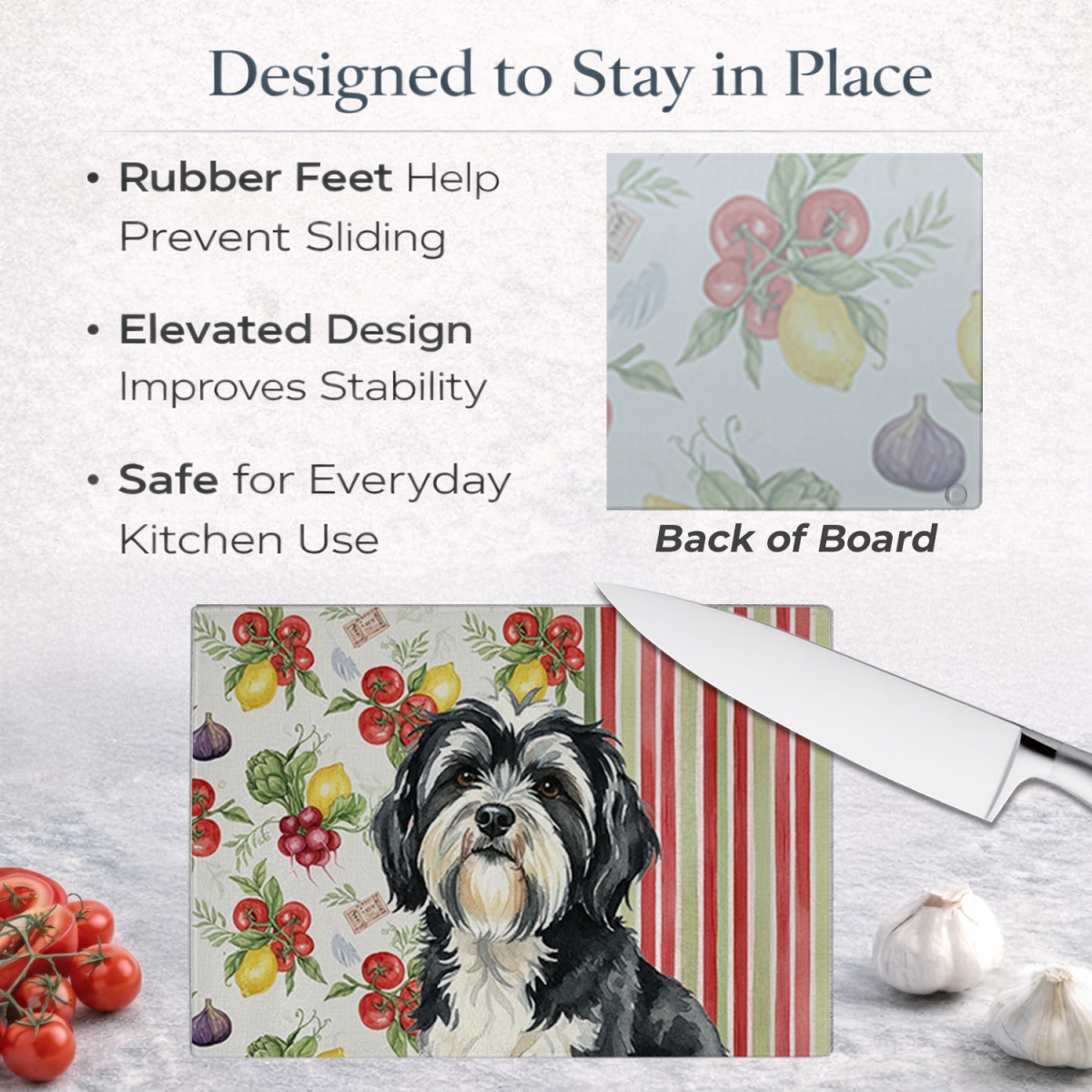Picture of Carolines Treasures WDK8444LCB 11.25 x 15.25 in. Black & White Tibetan Terrier Vegetables Glass Cutting Board