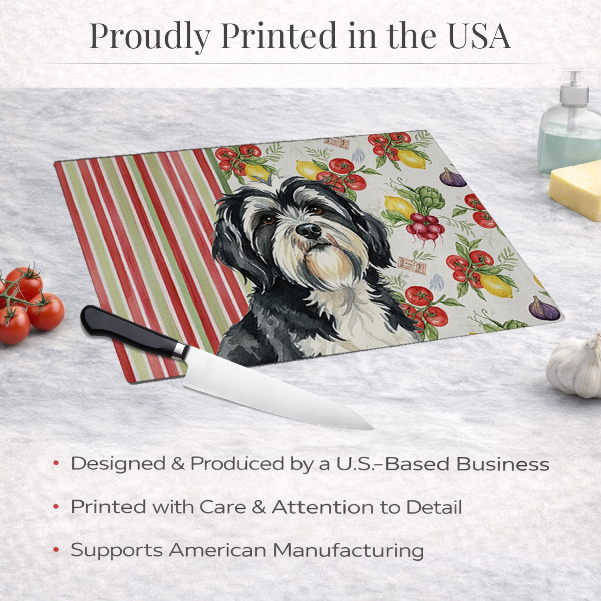 Picture of Carolines Treasures WDK8444LCB 11.25 x 15.25 in. Black & White Tibetan Terrier Vegetables Glass Cutting Board