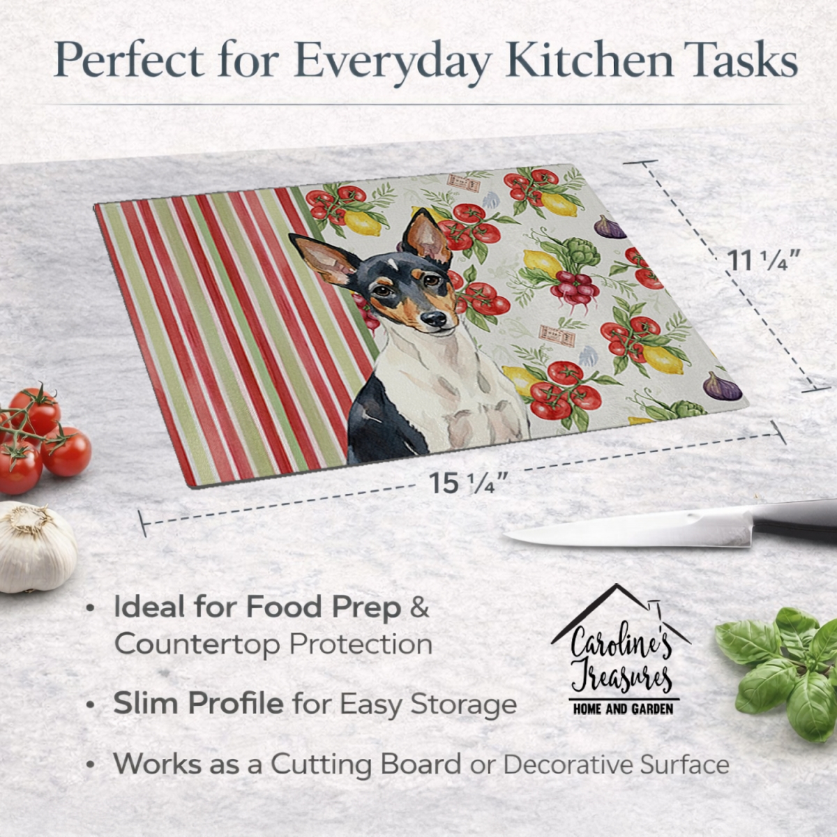 Picture of Carolines Treasures WDK8445LCB 11.25 x 15.25 in. Toy Fox Terrier Vegetables Glass Cutting Board