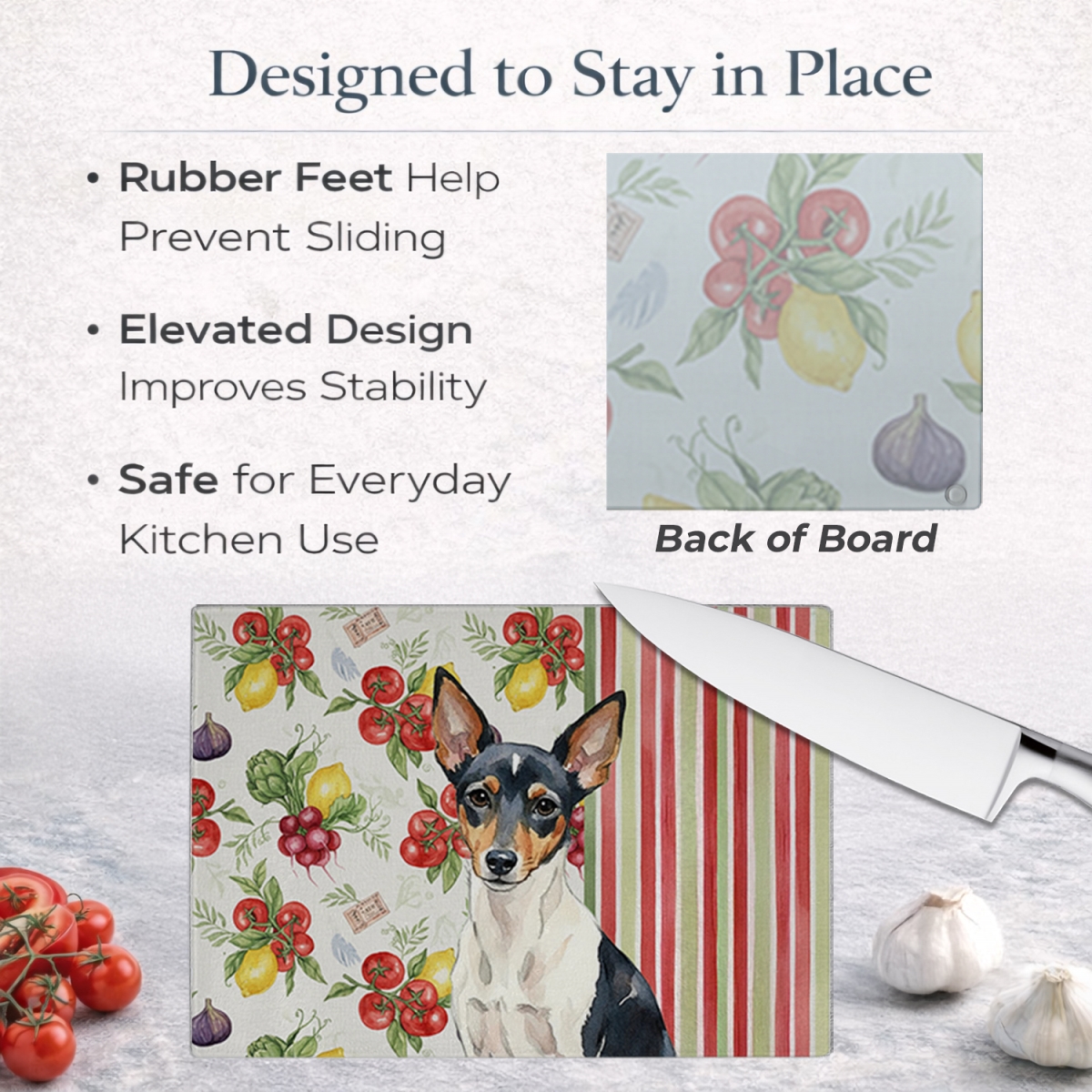 Picture of Carolines Treasures WDK8445LCB 11.25 x 15.25 in. Toy Fox Terrier Vegetables Glass Cutting Board