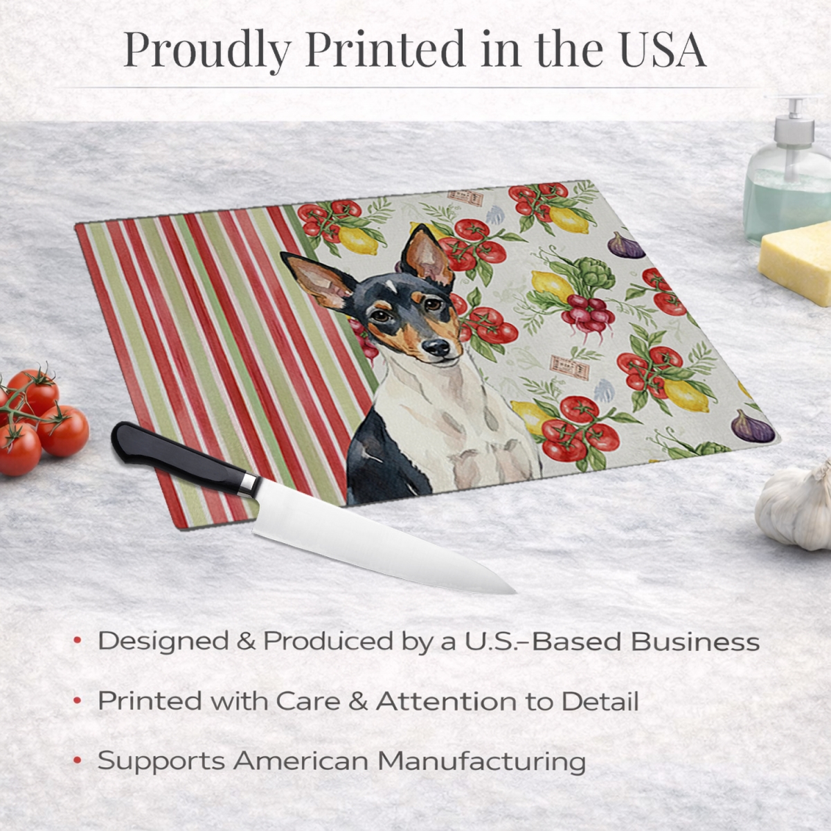 Picture of Carolines Treasures WDK8445LCB 11.25 x 15.25 in. Toy Fox Terrier Vegetables Glass Cutting Board
