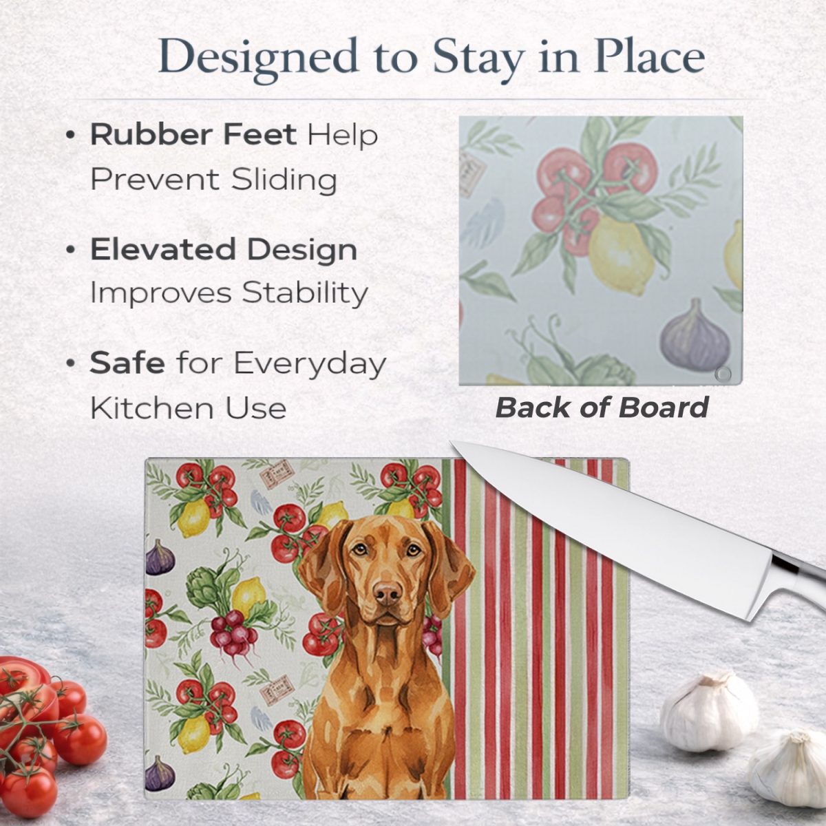 Picture of Carolines Treasures WDK8446LCB 11.25 x 15.25 in. Vizsla Vegetables Glass Cutting Board