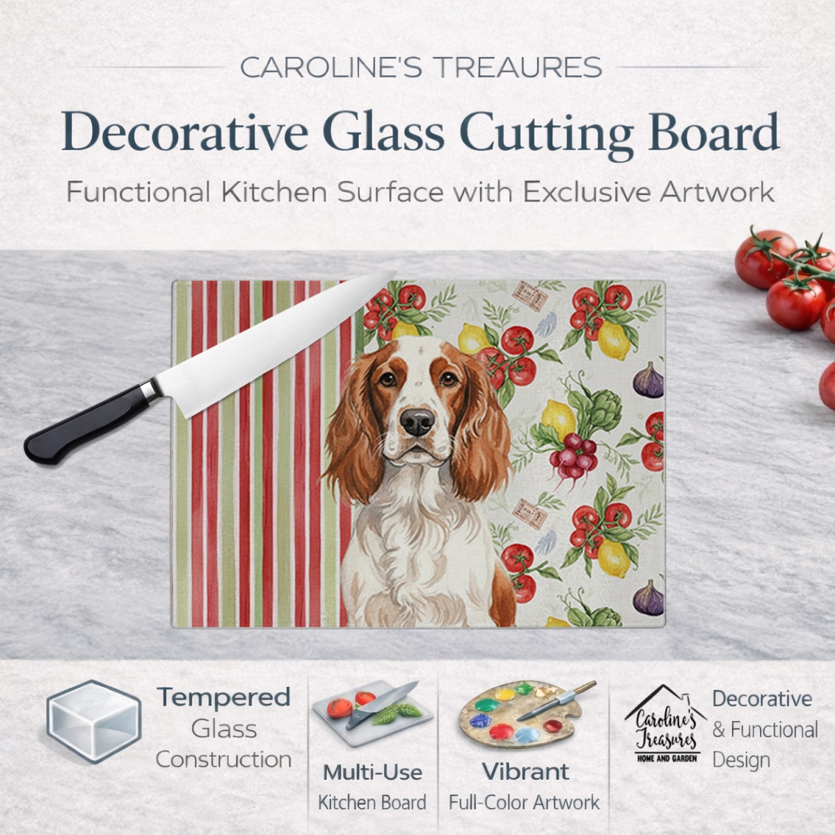 Picture of Carolines Treasures WDK8448LCB 11.25 x 15.25 in. Welsh Springer Spaniel Vegetables Glass Cutting Board