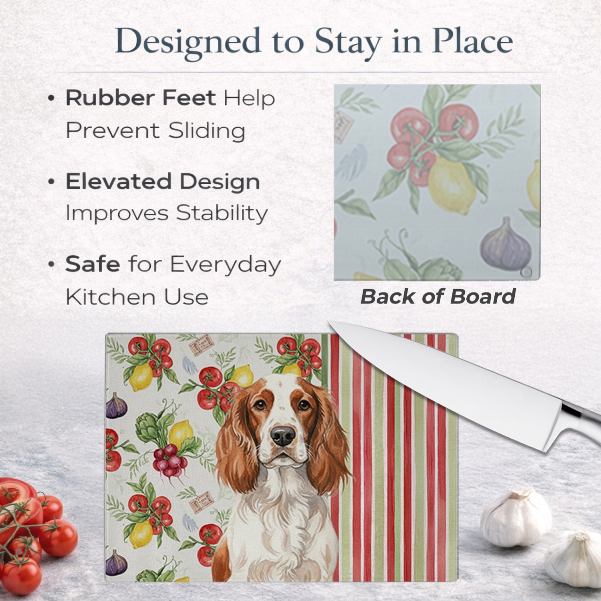 Picture of Carolines Treasures WDK8448LCB 11.25 x 15.25 in. Welsh Springer Spaniel Vegetables Glass Cutting Board