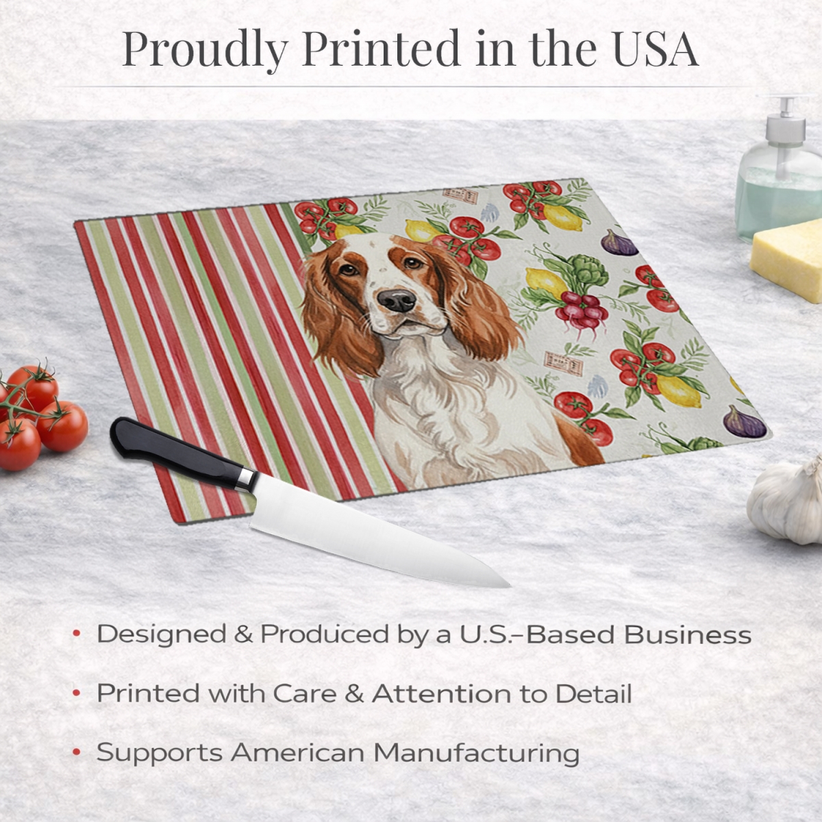 Picture of Carolines Treasures WDK8448LCB 11.25 x 15.25 in. Welsh Springer Spaniel Vegetables Glass Cutting Board