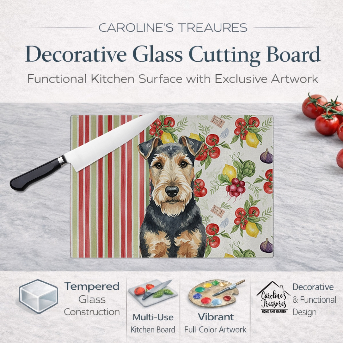 Picture of Carolines Treasures WDK8449LCB 11.25 x 15.25 in. Welsh Terrier Vegetables Glass Cutting Board