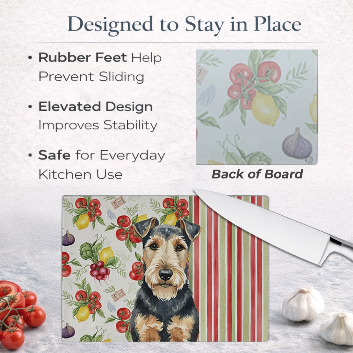 Picture of Carolines Treasures WDK8449LCB 11.25 x 15.25 in. Welsh Terrier Vegetables Glass Cutting Board