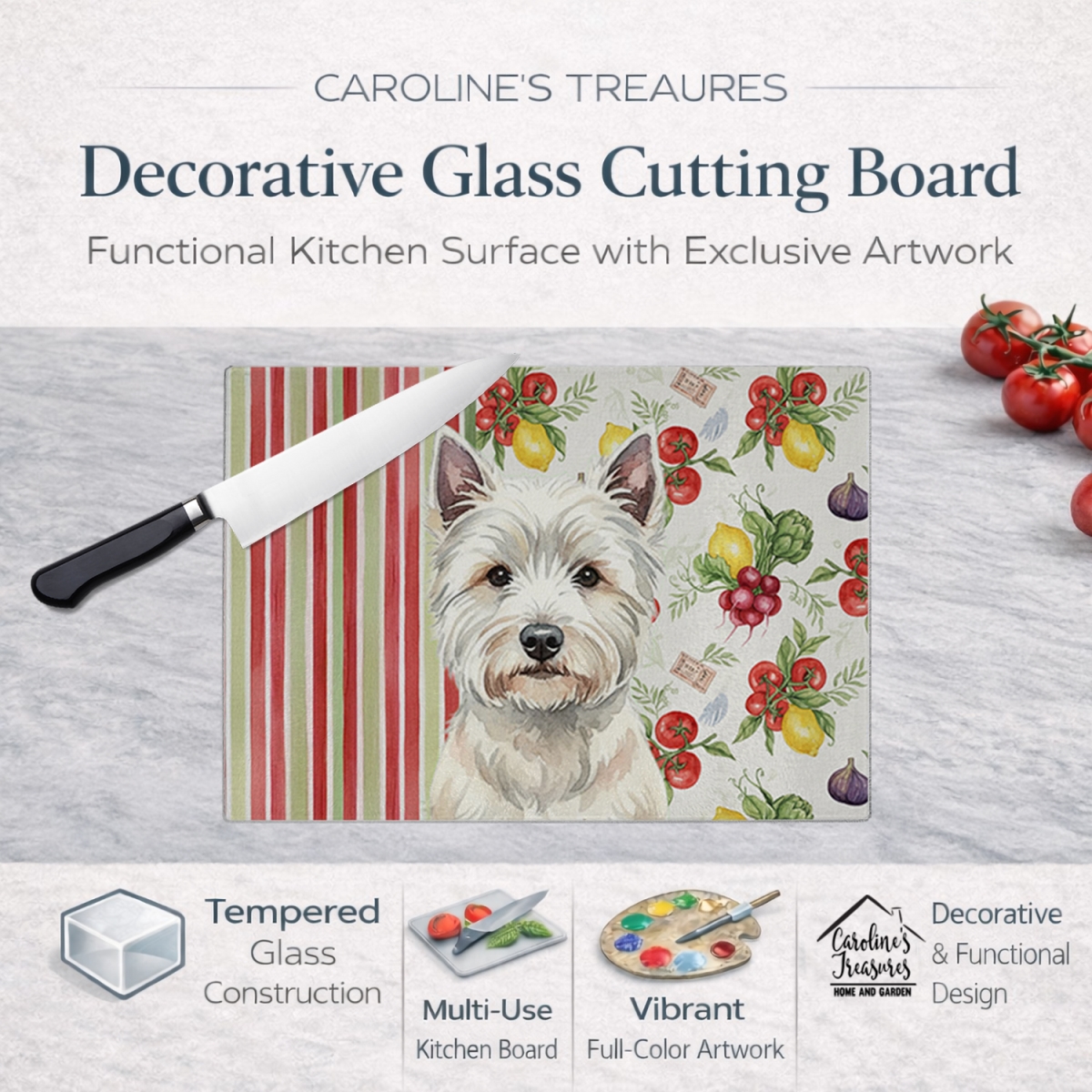 Picture of Carolines Treasures WDK8450LCB 11.25 x 15.25 in. Westie Vegetables Glass Cutting Board