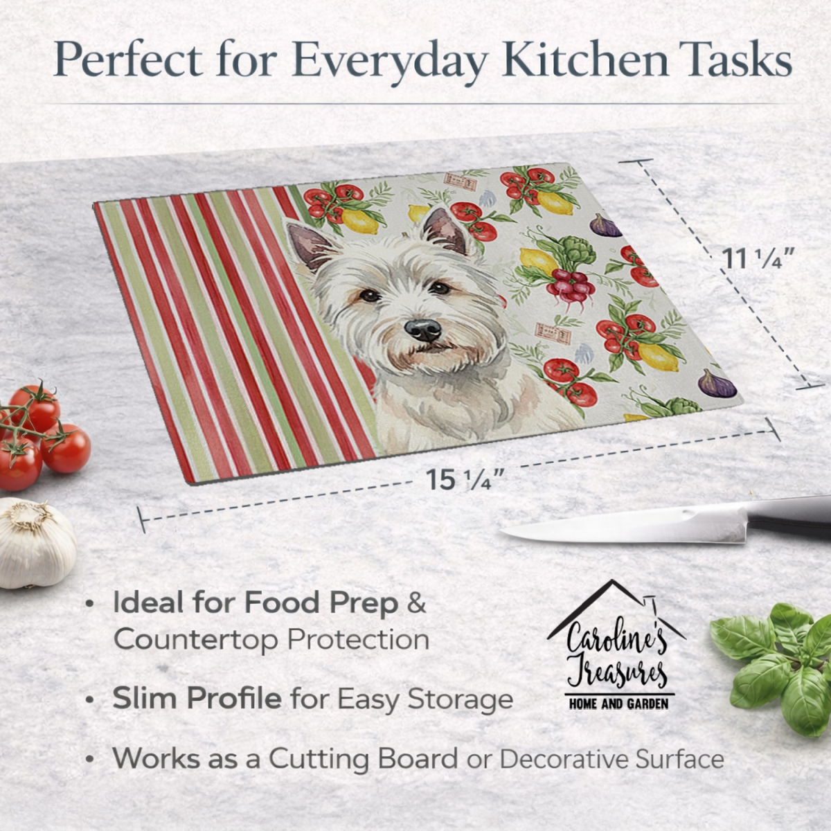 Picture of Carolines Treasures WDK8450LCB 11.25 x 15.25 in. Westie Vegetables Glass Cutting Board