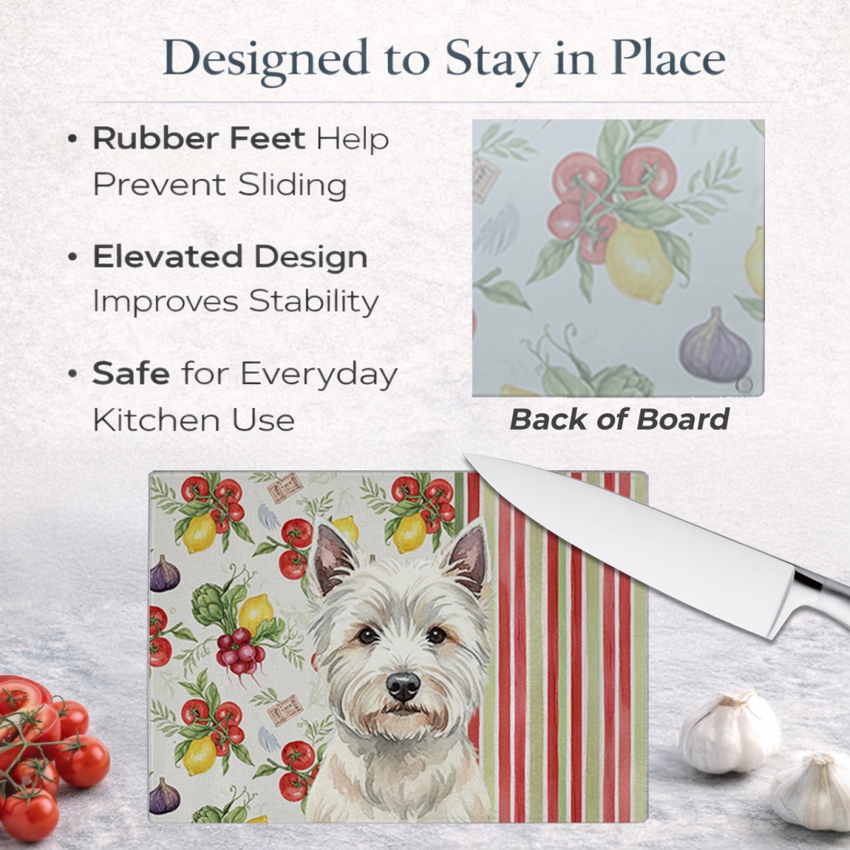 Picture of Carolines Treasures WDK8450LCB 11.25 x 15.25 in. Westie Vegetables Glass Cutting Board