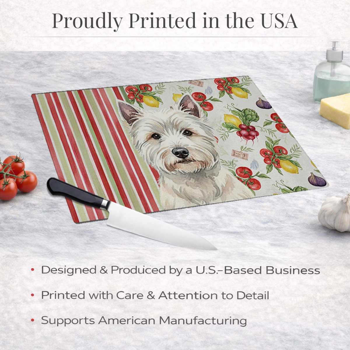 Picture of Carolines Treasures WDK8450LCB 11.25 x 15.25 in. Westie Vegetables Glass Cutting Board