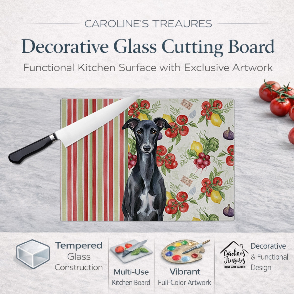 Picture of Carolines Treasures WDK8451LCB 11.25 x 15.25 in. Black Whippet Vegetables Glass Cutting Board