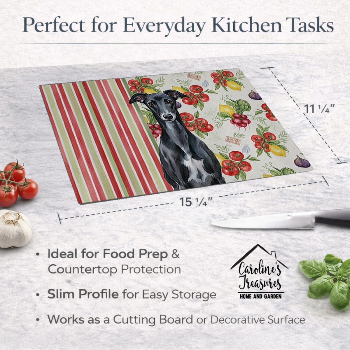 Picture of Carolines Treasures WDK8451LCB 11.25 x 15.25 in. Black Whippet Vegetables Glass Cutting Board