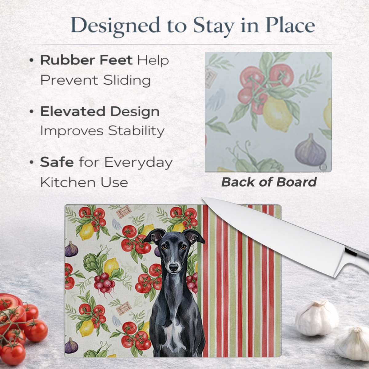 Picture of Carolines Treasures WDK8451LCB 11.25 x 15.25 in. Black Whippet Vegetables Glass Cutting Board