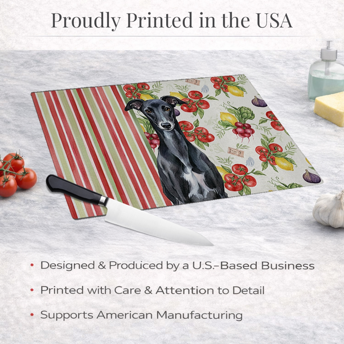 Picture of Carolines Treasures WDK8451LCB 11.25 x 15.25 in. Black Whippet Vegetables Glass Cutting Board