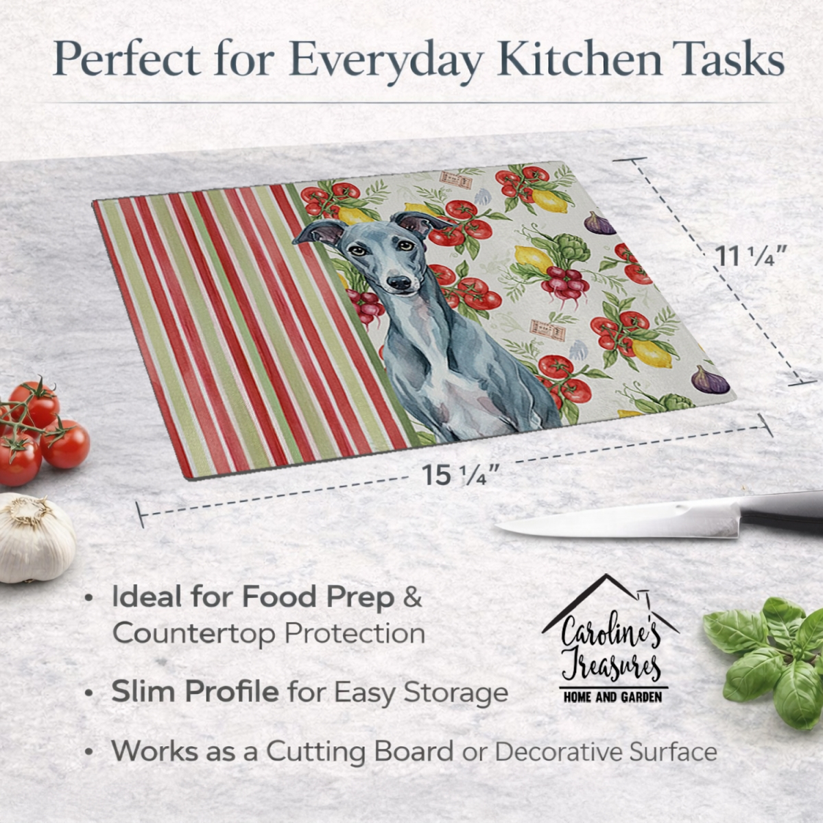 Picture of Carolines Treasures WDK8452LCB 11.25 x 15.25 in. Blue Whippet Vegetables Glass Cutting Board
