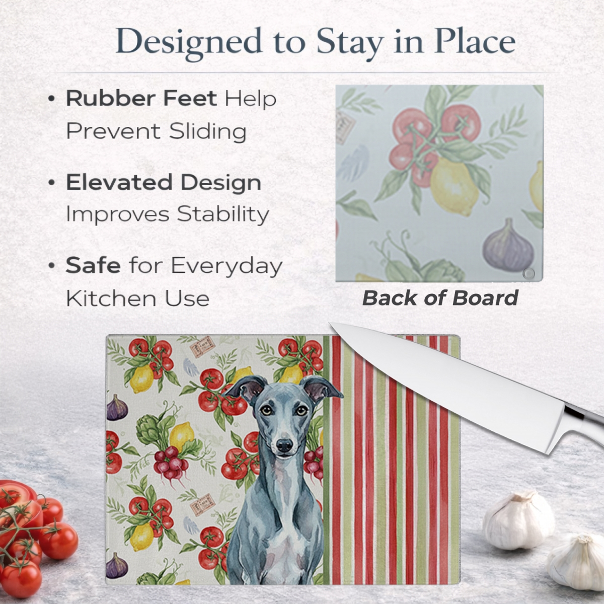 Picture of Carolines Treasures WDK8452LCB 11.25 x 15.25 in. Blue Whippet Vegetables Glass Cutting Board