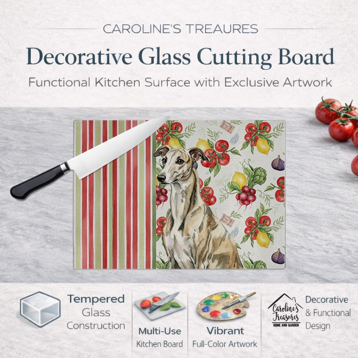 Picture of Carolines Treasures WDK8453LCB 11.25 x 15.25 in. Brindle Whippet Vegetables Glass Cutting Board