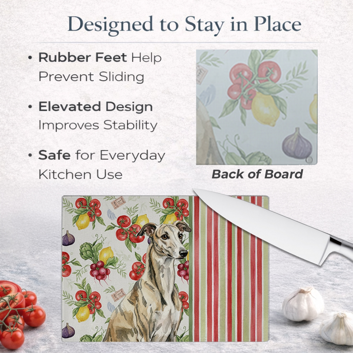 Picture of Carolines Treasures WDK8453LCB 11.25 x 15.25 in. Brindle Whippet Vegetables Glass Cutting Board