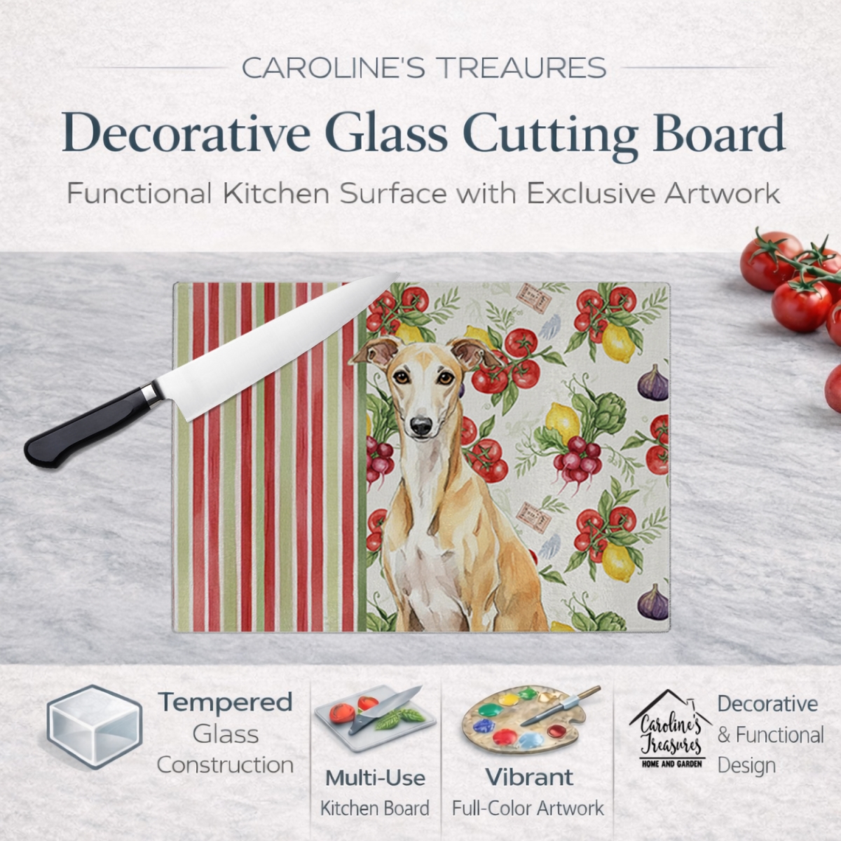 Picture of Carolines Treasures WDK8454LCB 11.25 x 15.25 in. Fawn Whippet Vegetables Glass Cutting Board