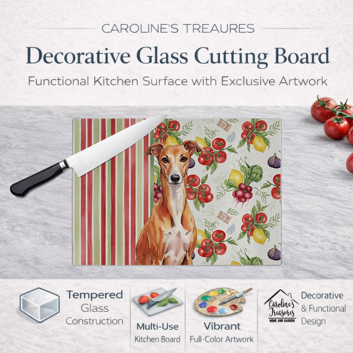Picture of Carolines Treasures WDK8455LCB 11.25 x 15.25 in. Red Whippet Vegetables Glass Cutting Board