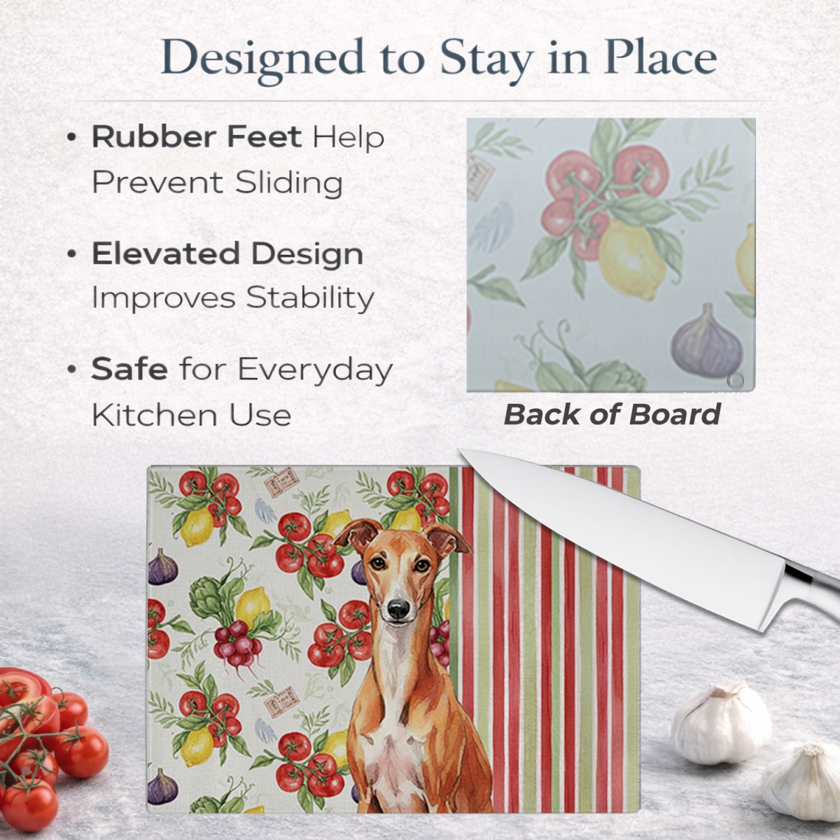 Picture of Carolines Treasures WDK8455LCB 11.25 x 15.25 in. Red Whippet Vegetables Glass Cutting Board