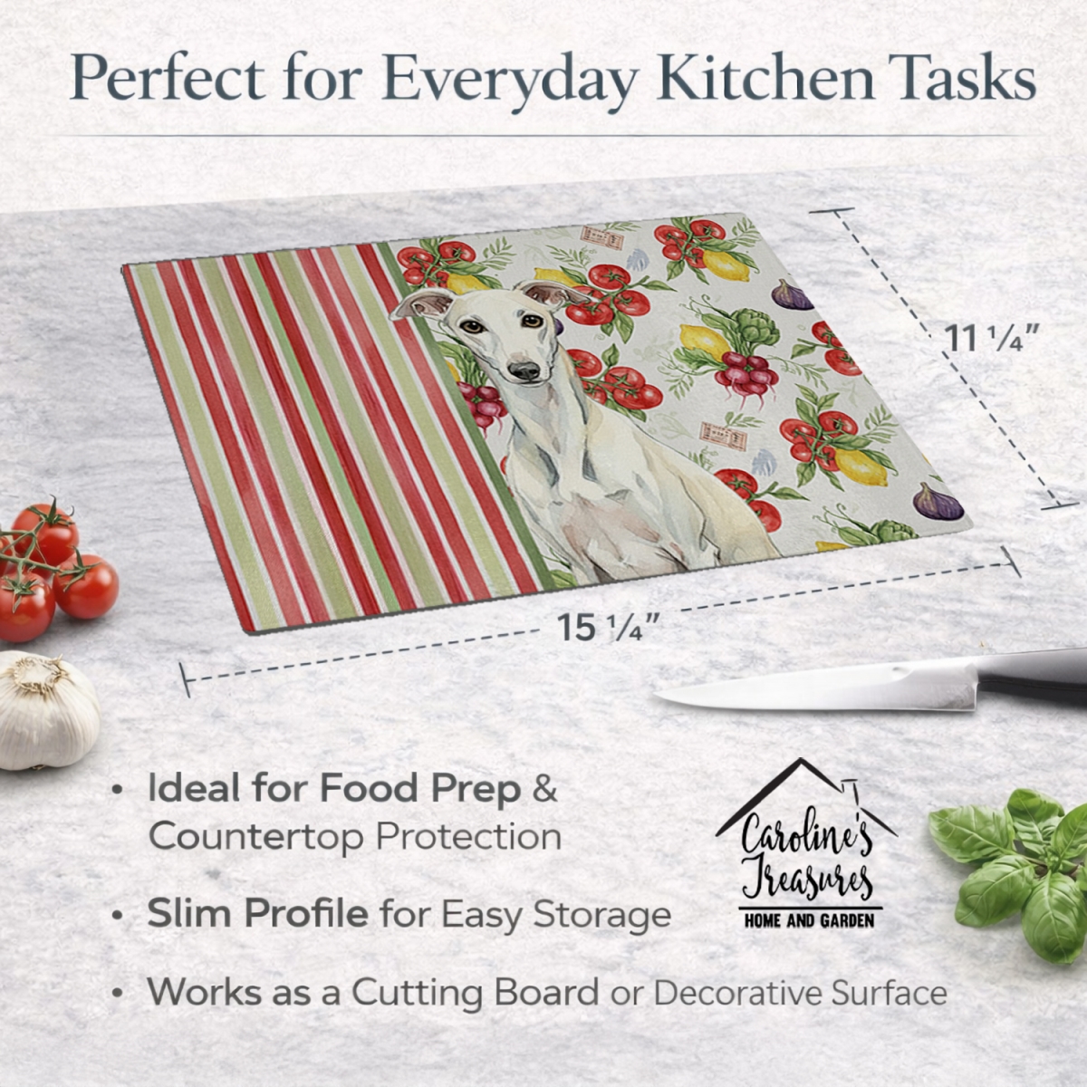 Picture of Carolines Treasures WDK8456LCB 11.25 x 15.25 in. White Whippet Vegetables Glass Cutting Board