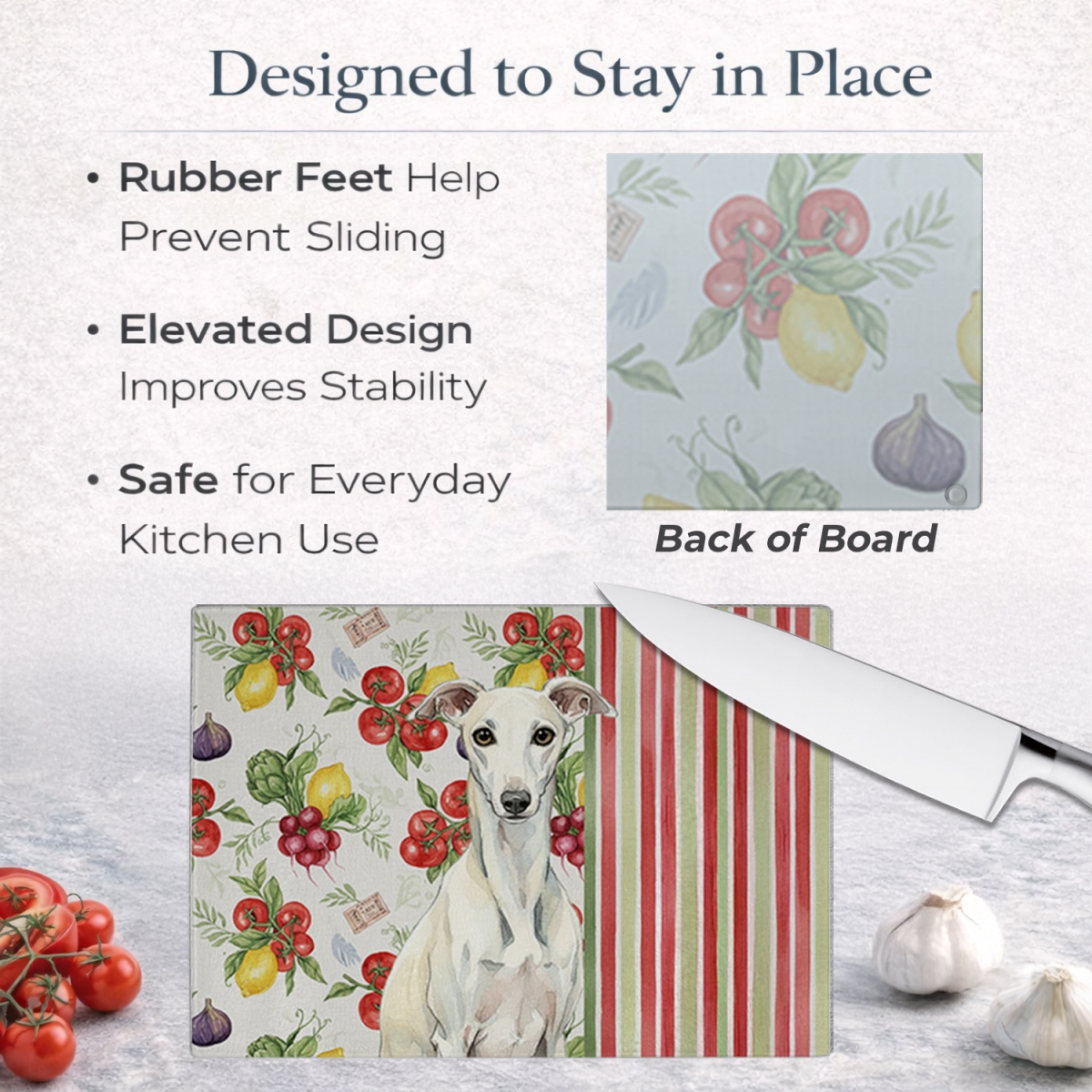 Picture of Carolines Treasures WDK8456LCB 11.25 x 15.25 in. White Whippet Vegetables Glass Cutting Board