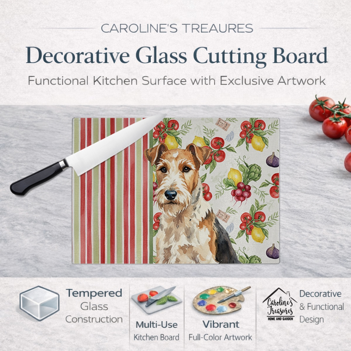 Picture of Carolines Treasures WDK8457LCB 11.25 x 15.25 in. Wire Fox Terrier Vegetables Glass Cutting Board