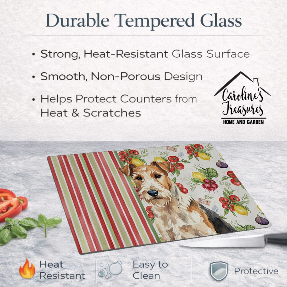 Picture of Carolines Treasures WDK8457LCB 11.25 x 15.25 in. Wire Fox Terrier Vegetables Glass Cutting Board