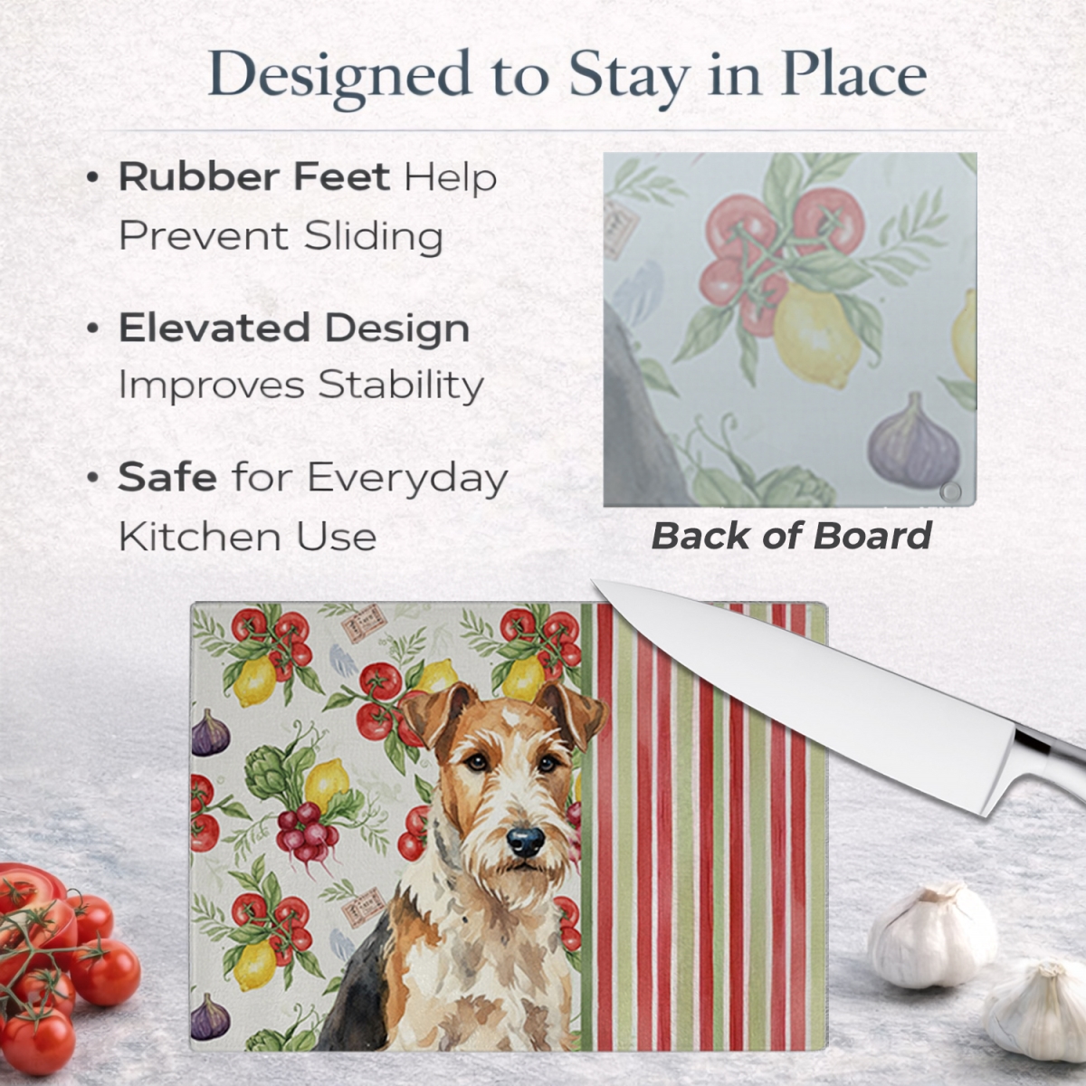 Picture of Carolines Treasures WDK8457LCB 11.25 x 15.25 in. Wire Fox Terrier Vegetables Glass Cutting Board