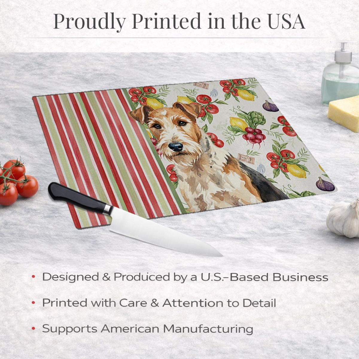 Picture of Carolines Treasures WDK8457LCB 11.25 x 15.25 in. Wire Fox Terrier Vegetables Glass Cutting Board