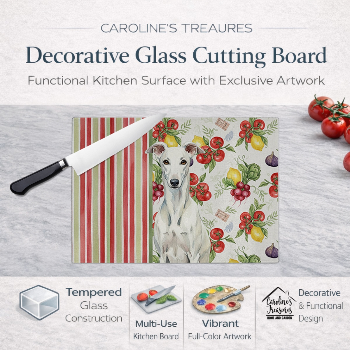 Picture of Carolines Treasures WDK8266LCB 11.25 x 15.25 in. White Greyhound Vegetables Glass Cutting Board