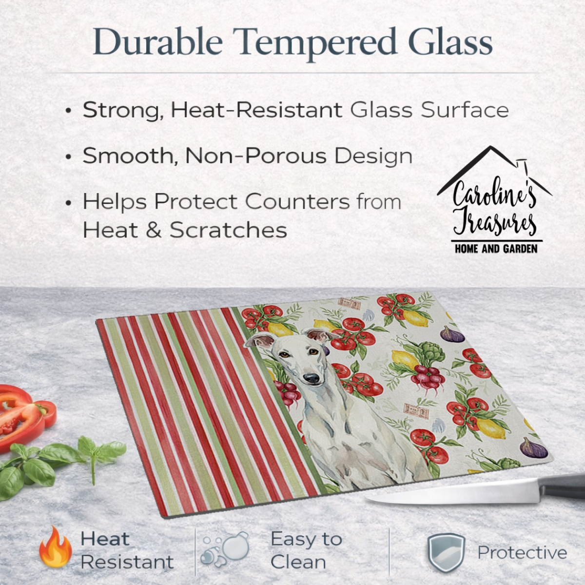 Picture of Carolines Treasures WDK8266LCB 11.25 x 15.25 in. White Greyhound Vegetables Glass Cutting Board