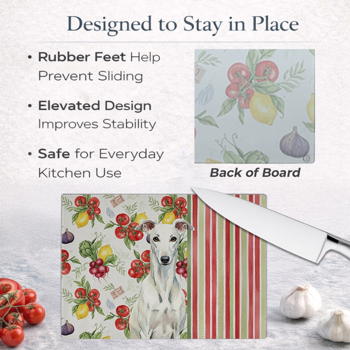 Picture of Carolines Treasures WDK8266LCB 11.25 x 15.25 in. White Greyhound Vegetables Glass Cutting Board