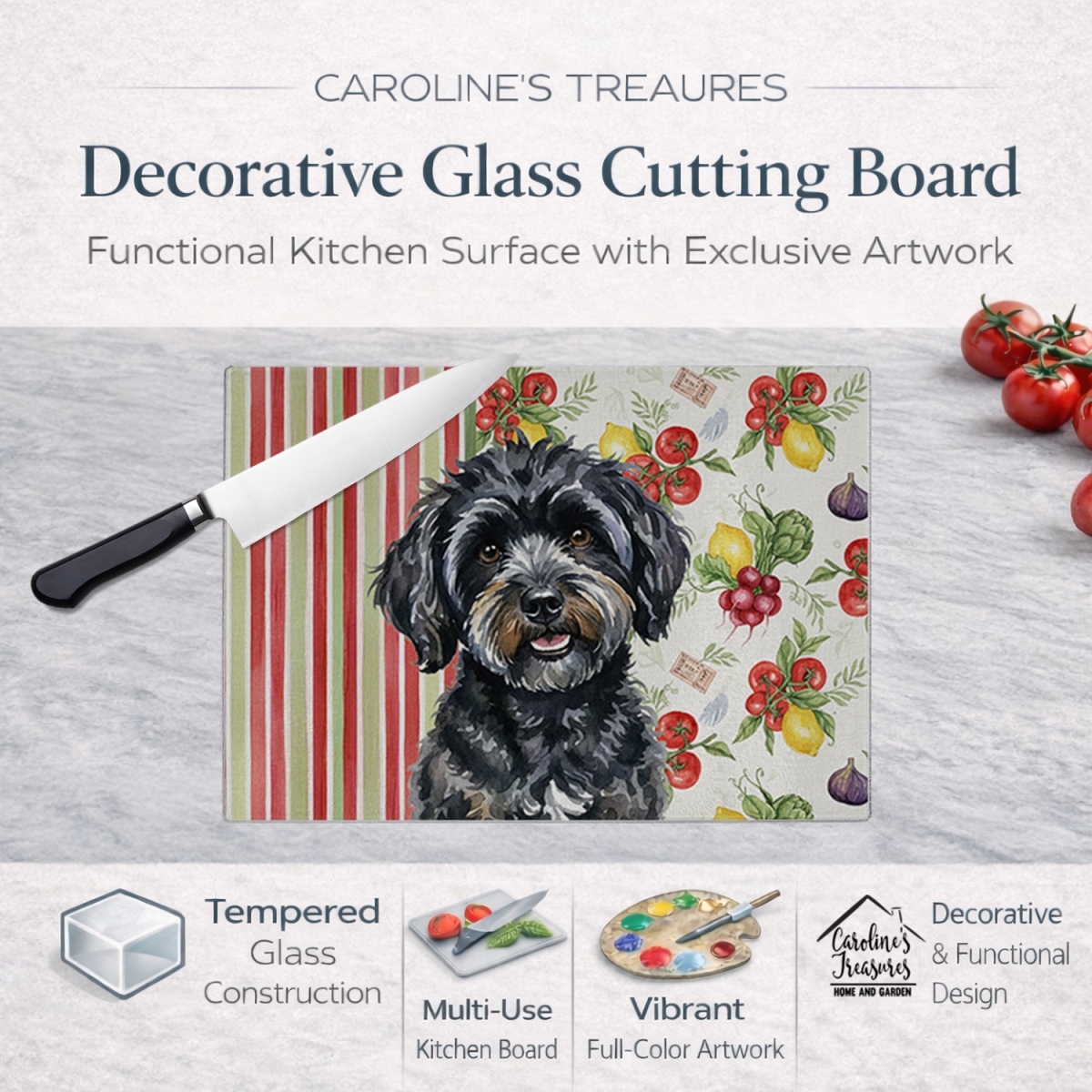 Picture of Carolines Treasures WDK8267LCB 11.25 x 15.25 in. Black Havanese Vegetables Glass Cutting Board
