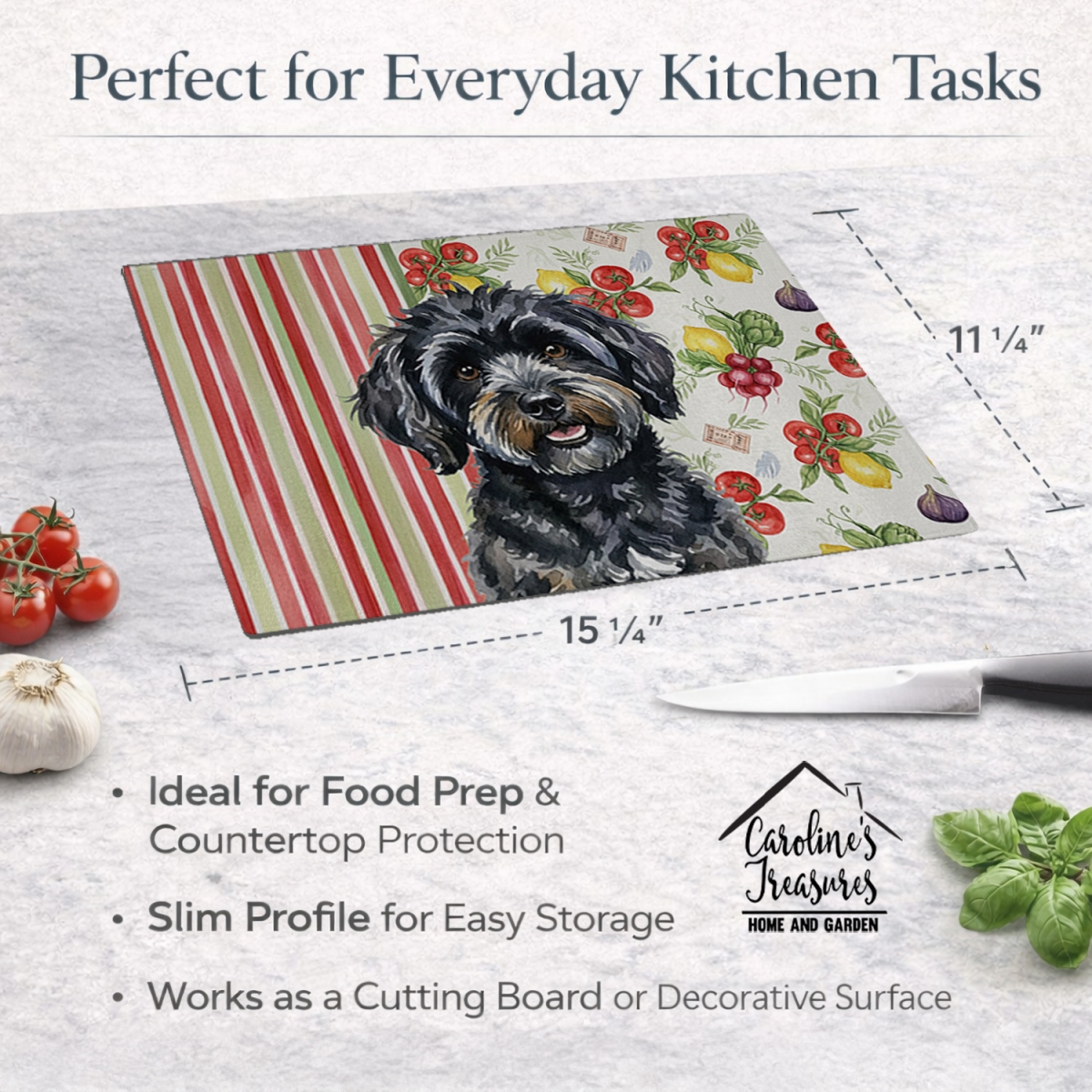Picture of Carolines Treasures WDK8267LCB 11.25 x 15.25 in. Black Havanese Vegetables Glass Cutting Board