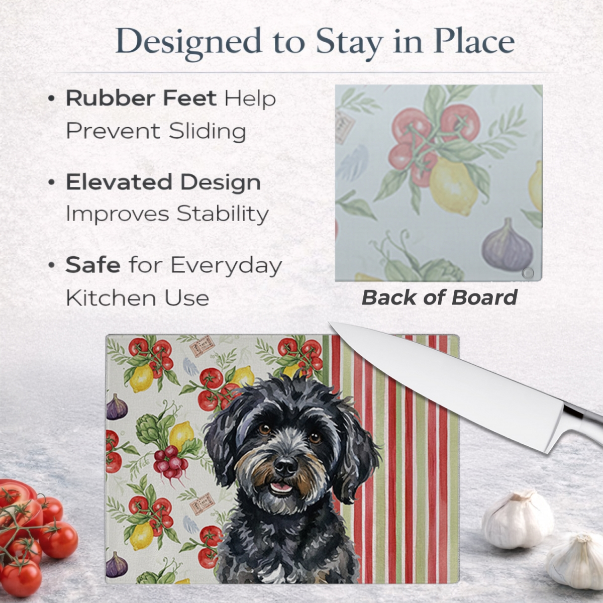 Picture of Carolines Treasures WDK8267LCB 11.25 x 15.25 in. Black Havanese Vegetables Glass Cutting Board
