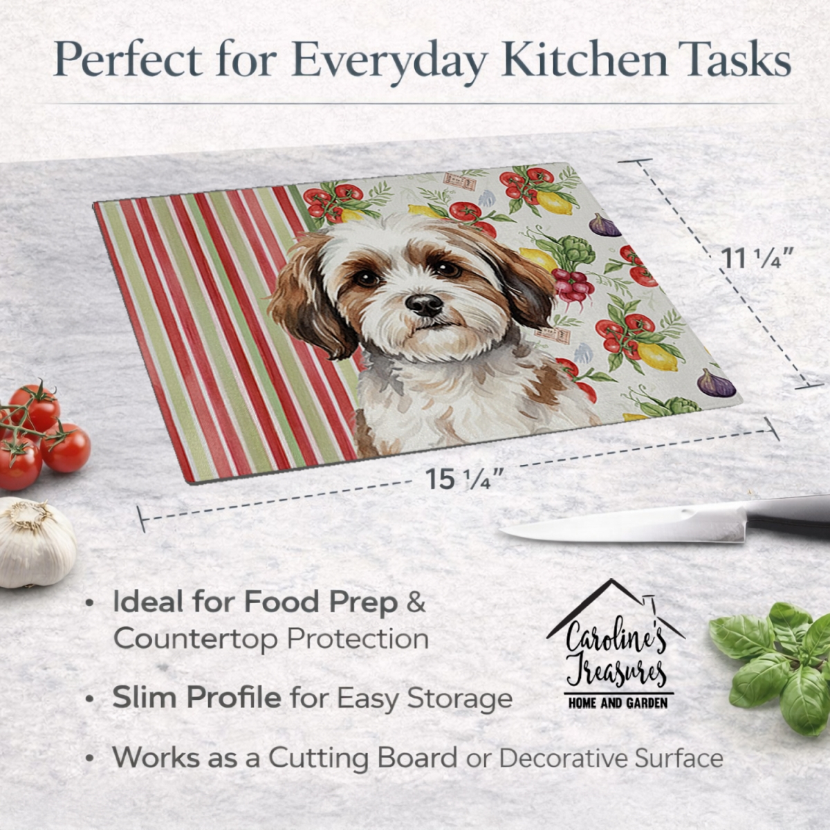 Picture of Carolines Treasures WDK8268LCB 11.25 x 15.25 in. Parti-Color Havanese Vegetables Glass Cutting Board