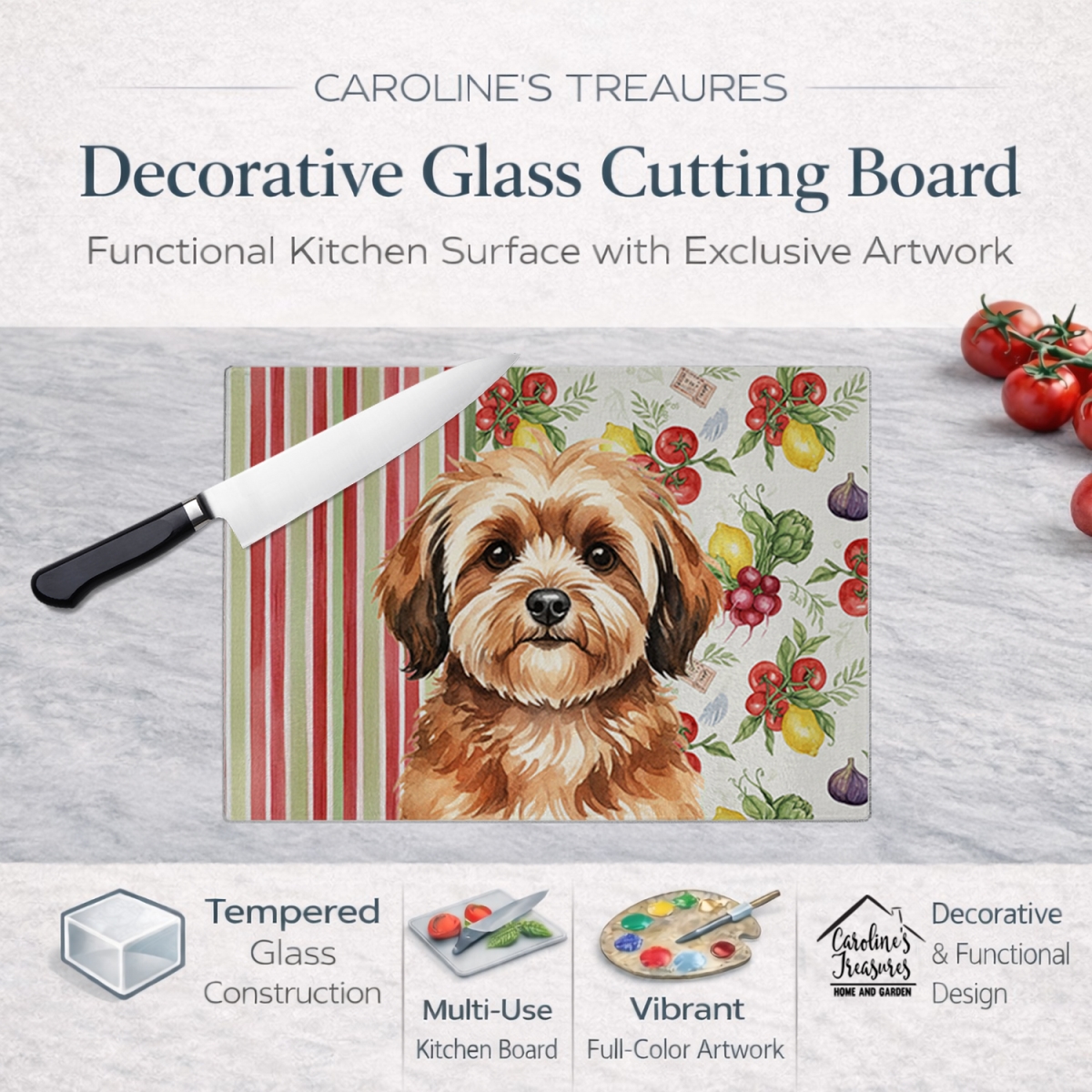 Picture of Carolines Treasures WDK8269LCB 11.25 x 15.25 in. Sable Havanese Vegetables Glass Cutting Board